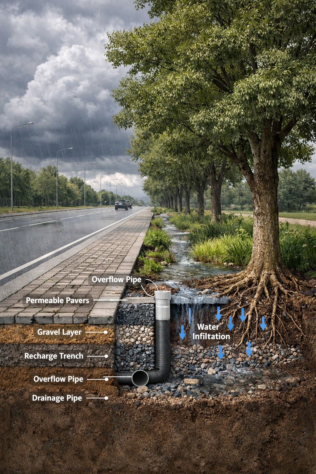 Roadside rainwater recharge trench and bioswale feeding urban tree roots.