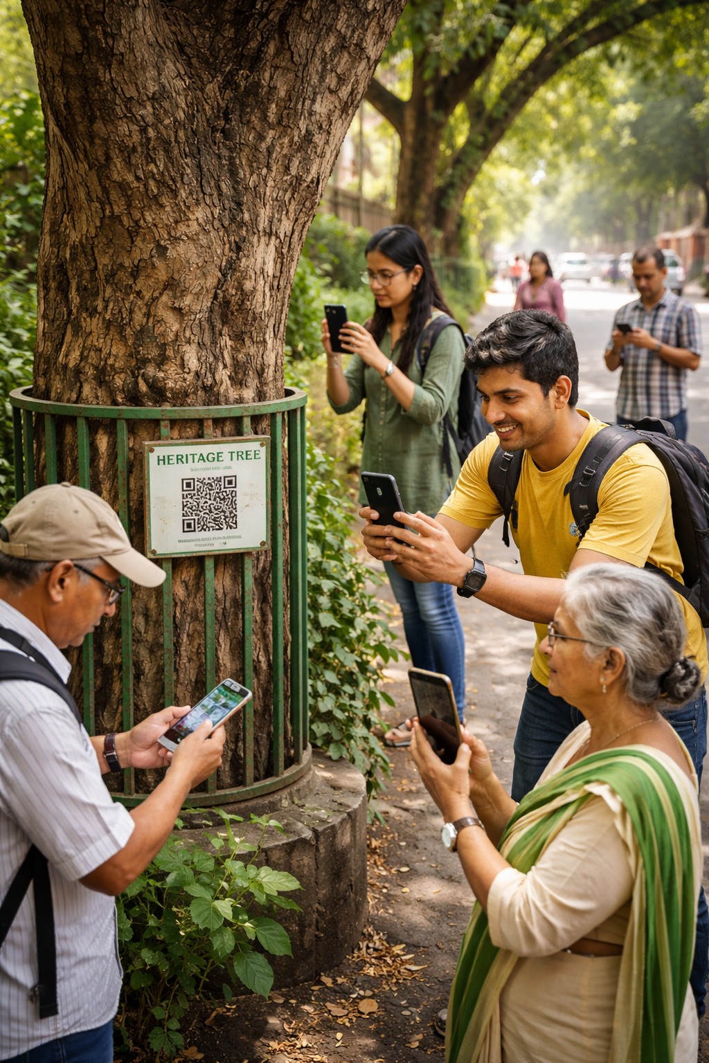 Citizen volunteers geotagging old trees with phones and QR tags.