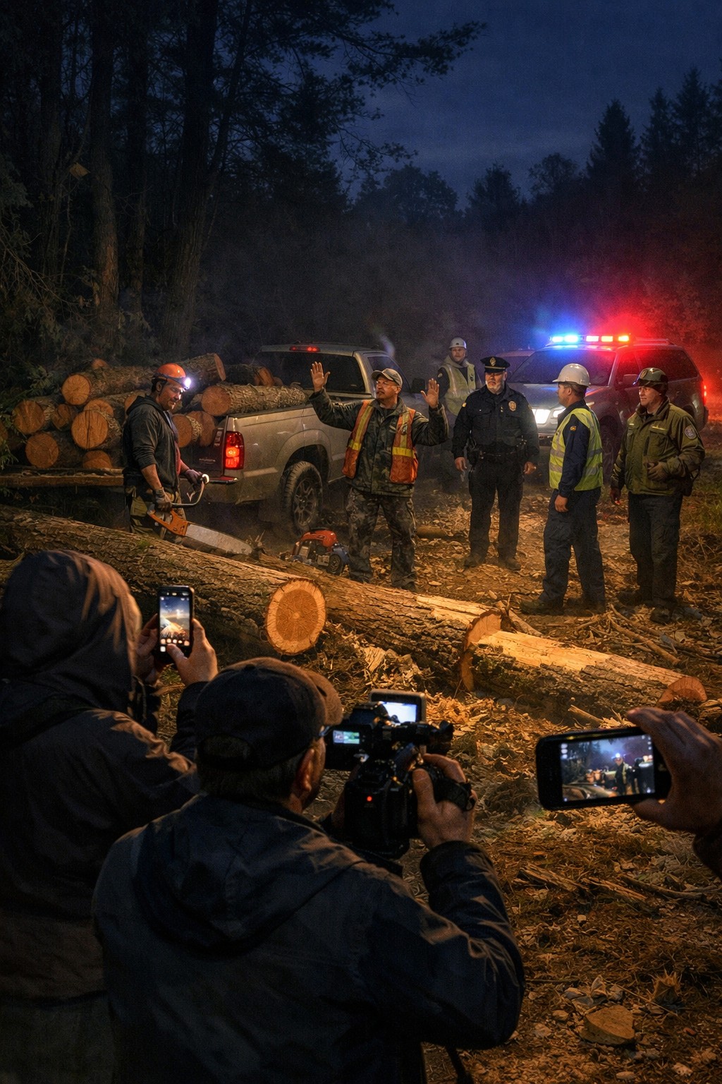 Citizens recording nighttime tree-cutting activity as officials arrive.