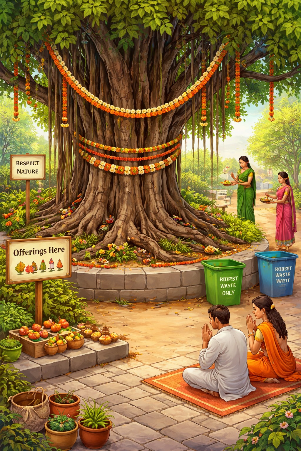 Sacred tree care using eco-friendly offerings placed away from roots.