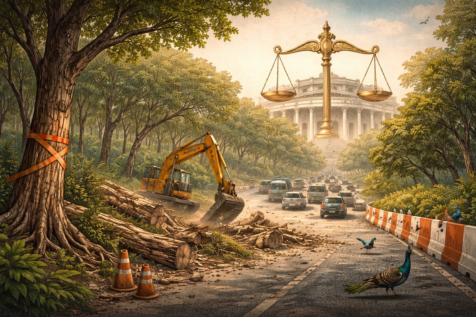 Urban forest edge under road widening pressure with justice symbolism.