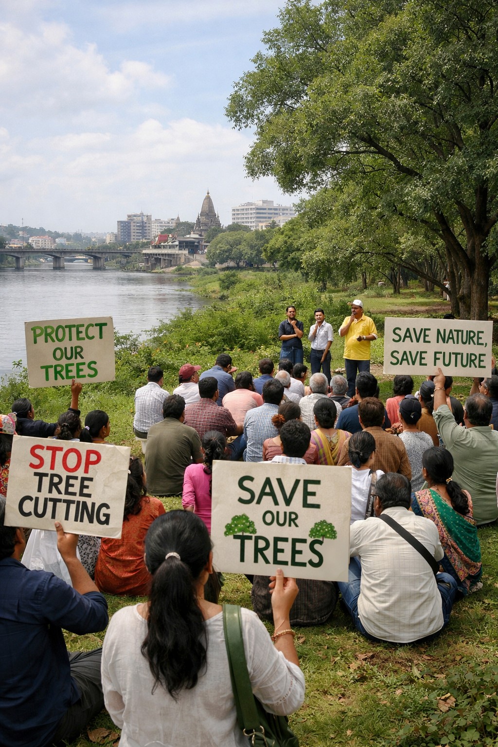 Peaceful public gathering near riverside green patch for tree protection.
