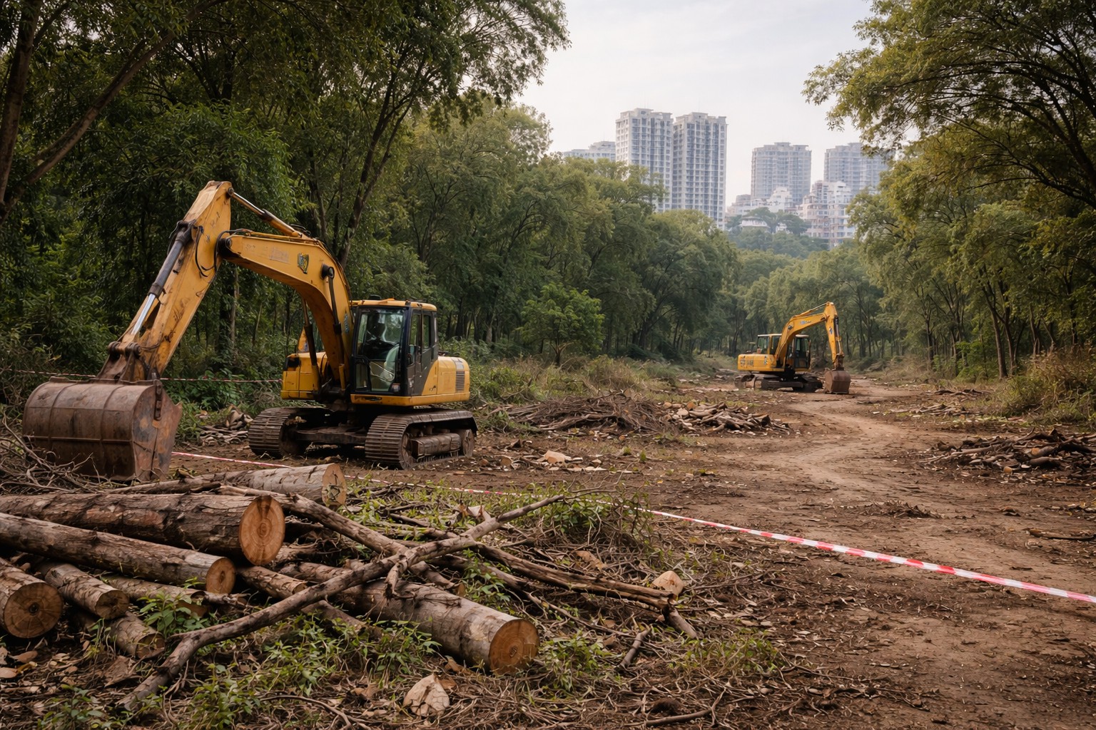 Machinery halted near urban forest edge after legal intervention.