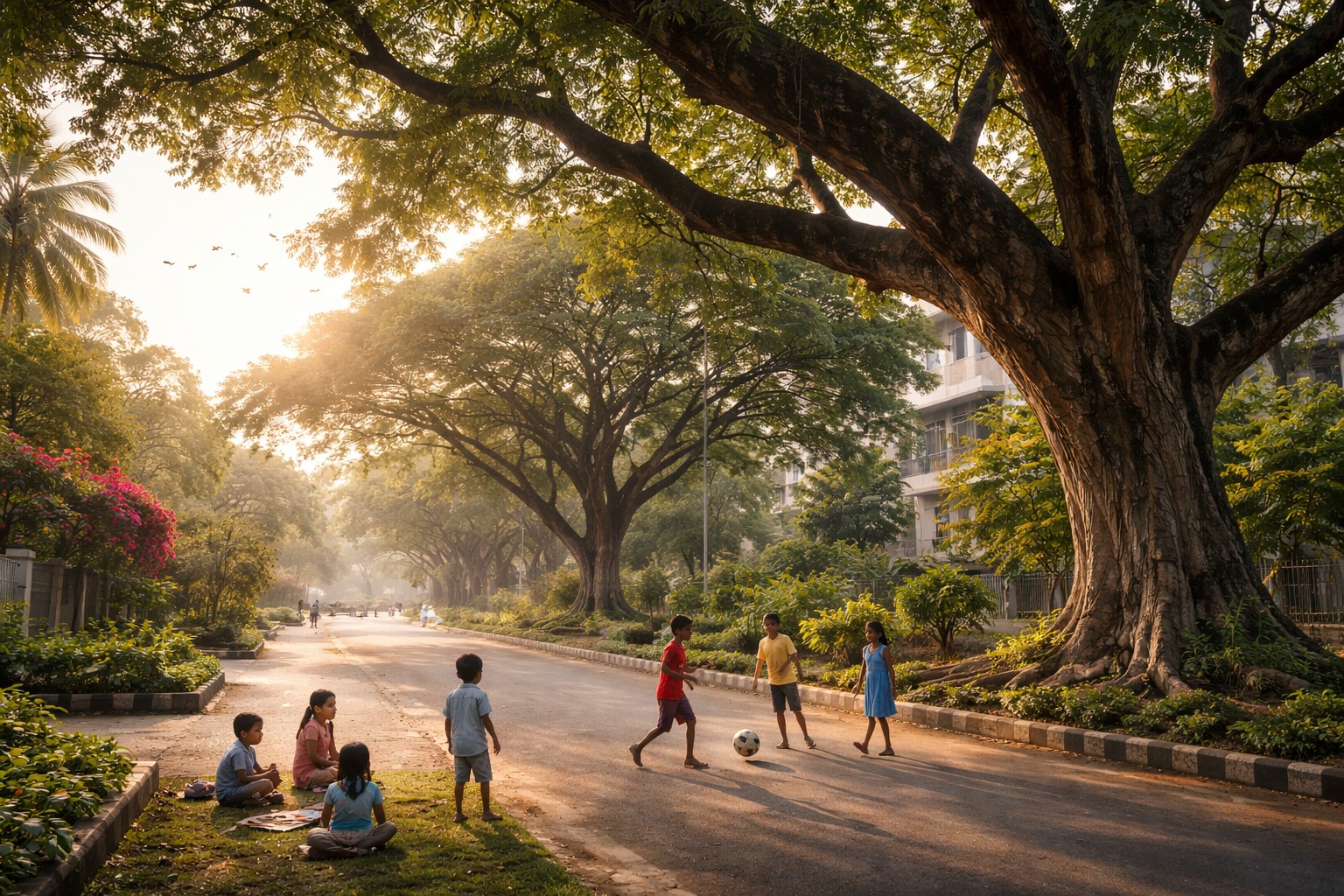 Children playing under old trees in a cooler greener city street.